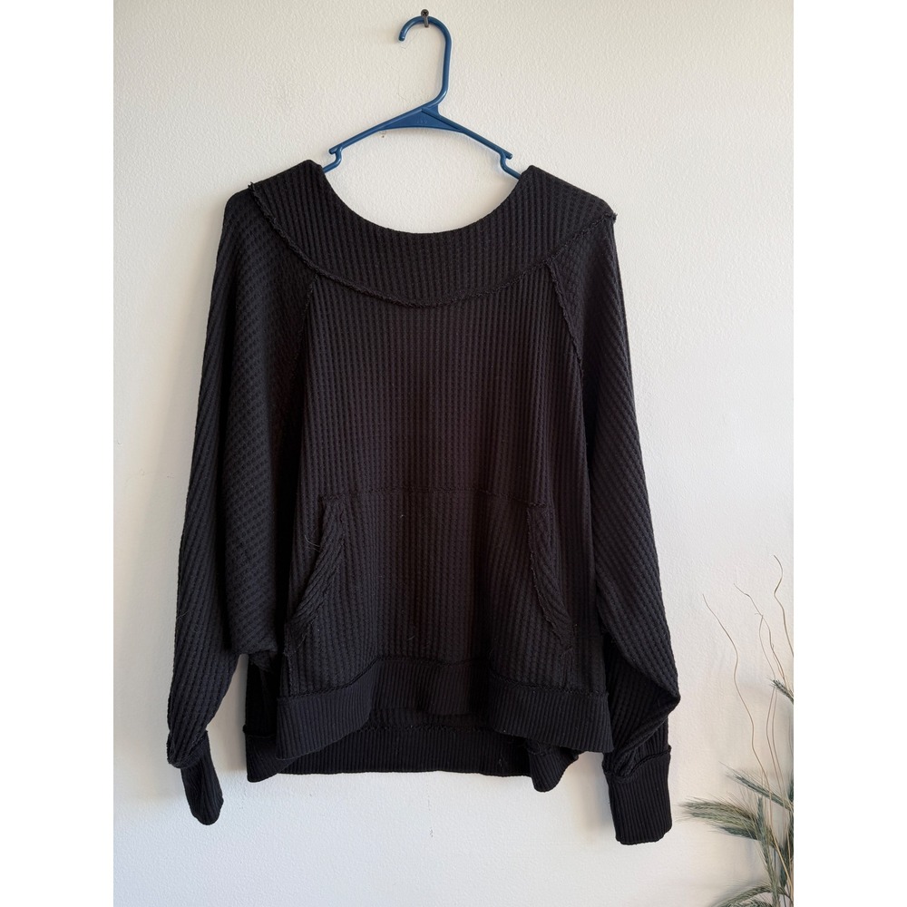We The Free Free People Black Waffle Knit‎ Thermal Scoop Neck Top Small 3704